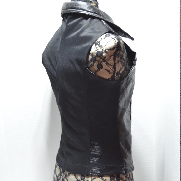 Genuine Leather Patchwork Motorcycle Vest Women's L Zip-Up Shiny Mesh Back Biker - Picture 2 of 8